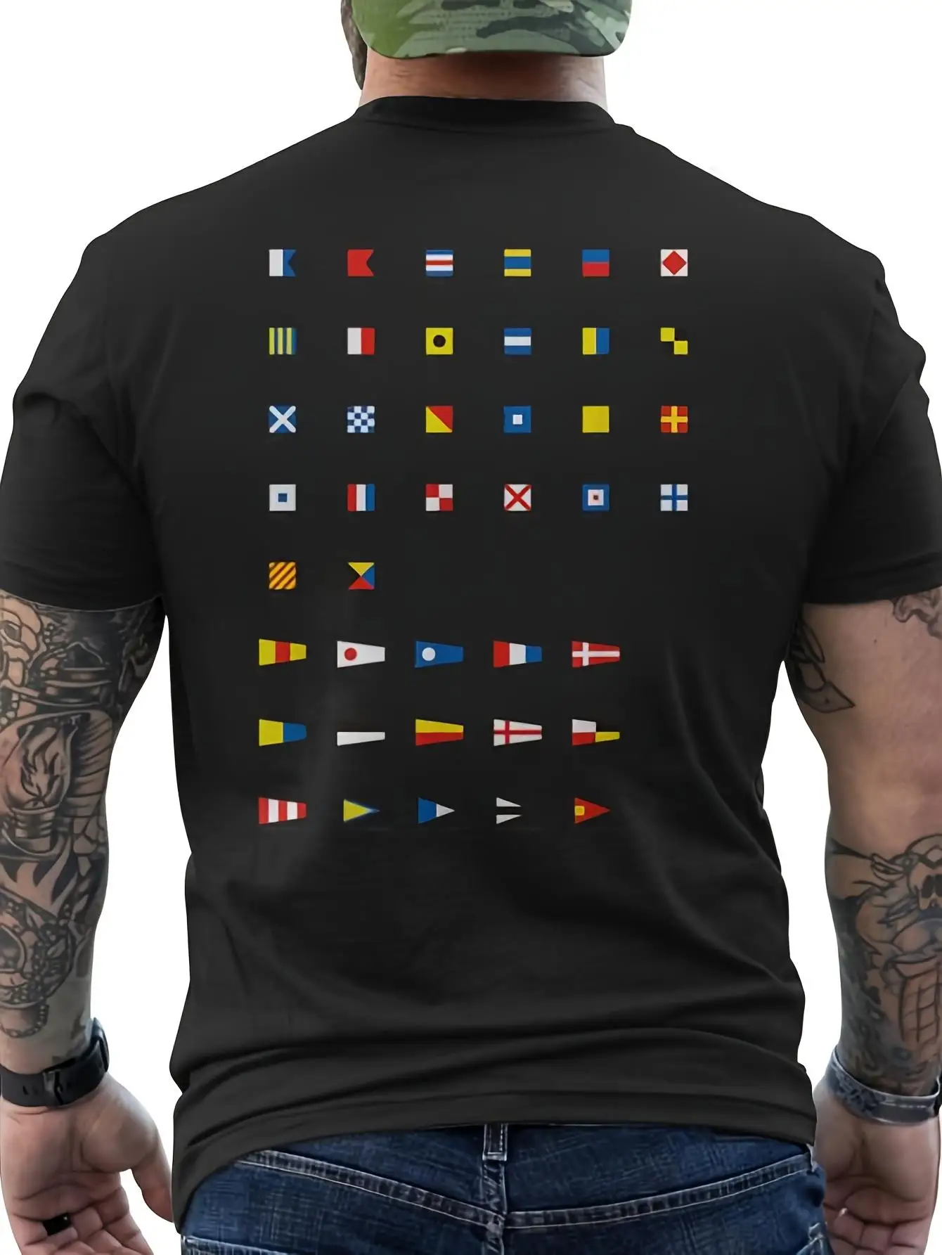 Men's Sailing Themed T-shirt with International Naval Signal Flag Pattern (abandon Ship Fire Hazard Speed Limit) Printed T-shirt