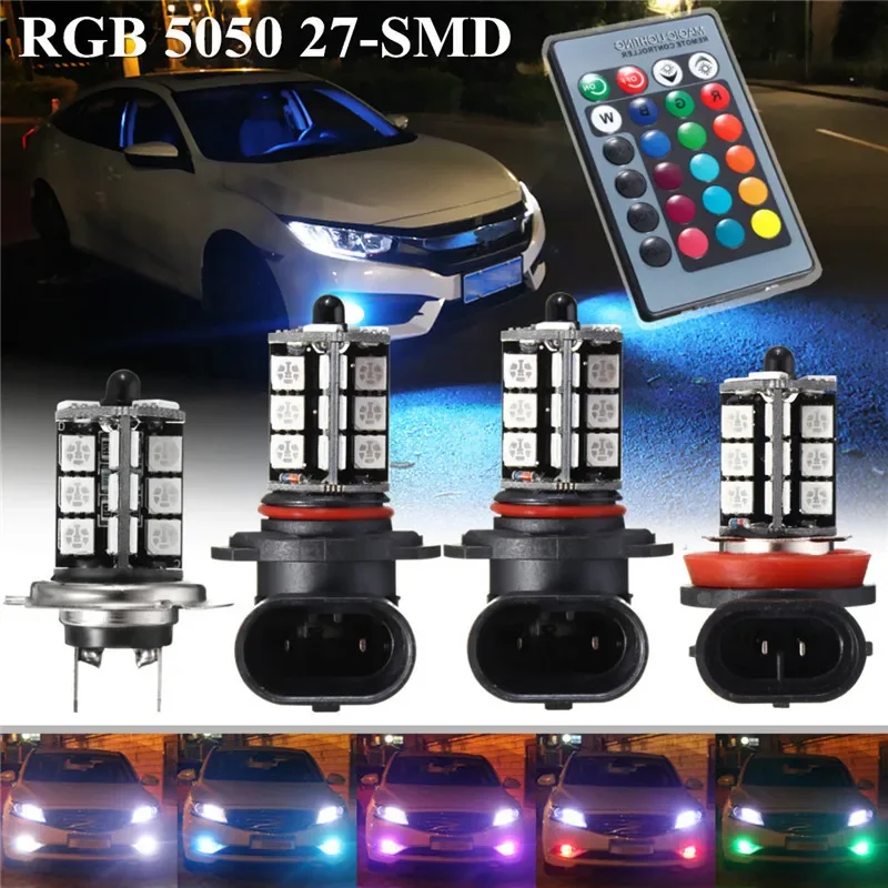 

H4/H7/H11/9005/9006 2pcs Headlight Fog/Driving Light Lighting Bulb-5050 RGBW LED 27SMD With 24 keys Remote Control