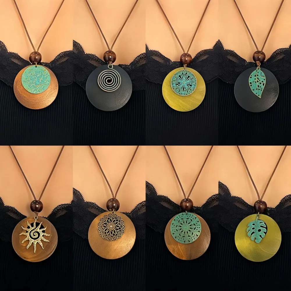 Vintage Ethnic Hollowed-out Flower Leaf Sun Spiral Wood Chip Pendant Long Necklace for Women Multi Style Boho Vacation Jewelry
