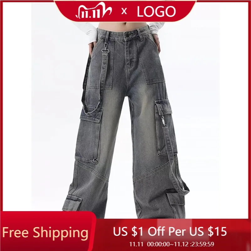 

Oversize 2000s High Waist Jeans Korean Baggy Trousers 90s Jeans Women Vintage Blue Gothic Cargo Jeans Y2k Wide Leg Denim Pants