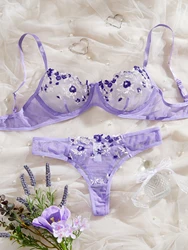 Purple Sexy Lingerie Woman Lace Transparent Underwear Fairy Embroidery Brief Sets Delicate Bra Panties Kits Erotic Breves Sets
