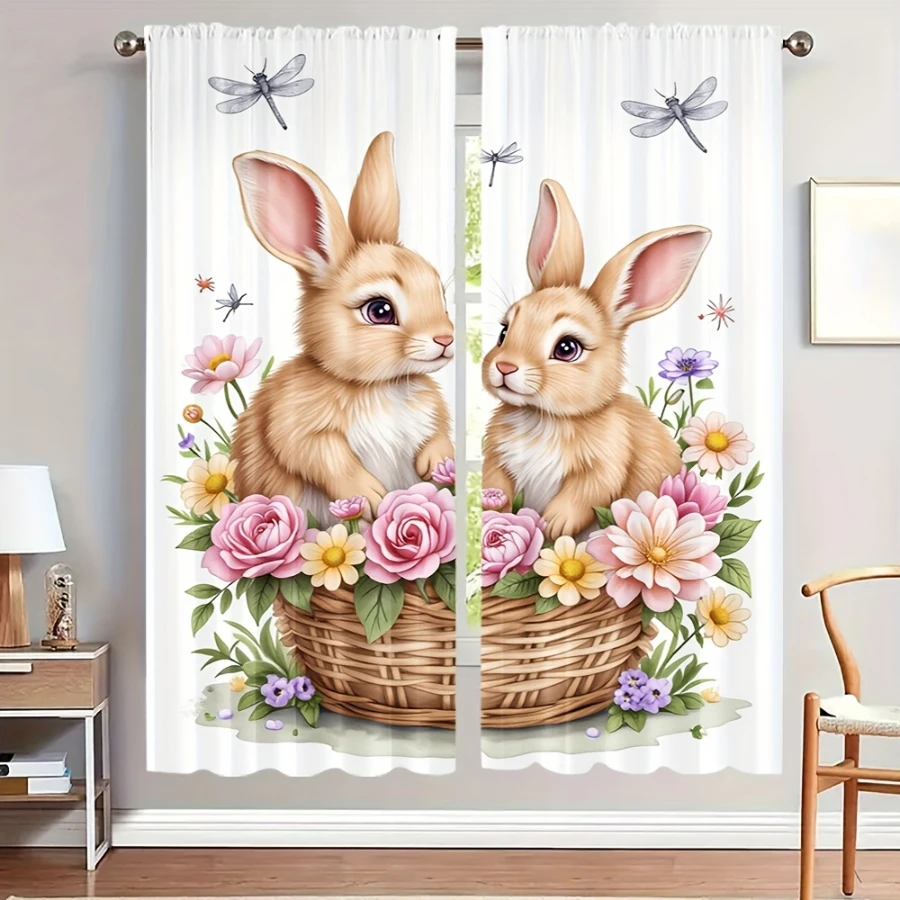 2PCS Digital Print  Curtain, Flower Basket Rabbit, Bohemian Style  Curtain Panel for Home Living Room Bedroom Decor