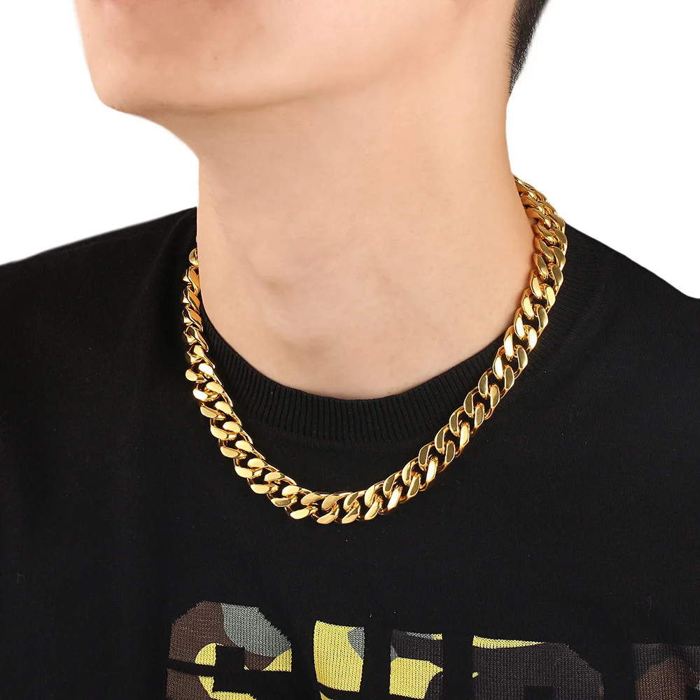 Gold Color Stainless Steel 9mm Thick Cuban Link Chain Bracelets Necklace For Women Men Fashion Party Wedding Jewelry Sets Gift