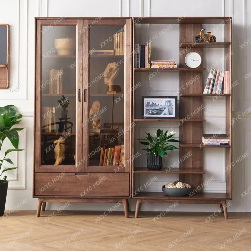 Black Walnut Wooden Bookshelf Nordic Antique Shelf Study Multi-Layer Display Stand Floor Shelf