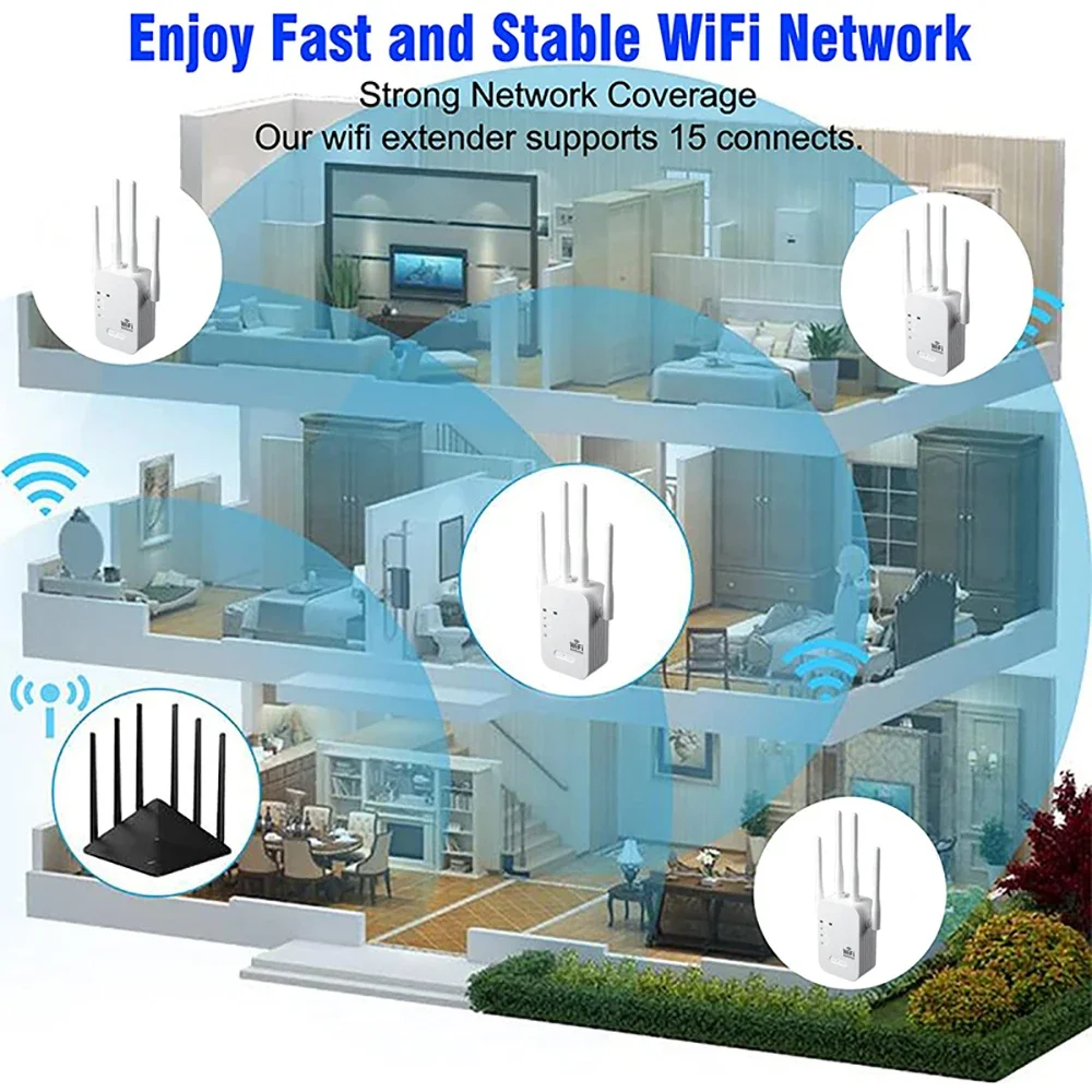 Repetidor WiFi de banda dupla, extensor sem fio, impulsionador WiFi, 5G, 2.4G, amplificador de rede, sinal de longo alcance, roteador doméstico, 1200Mbps