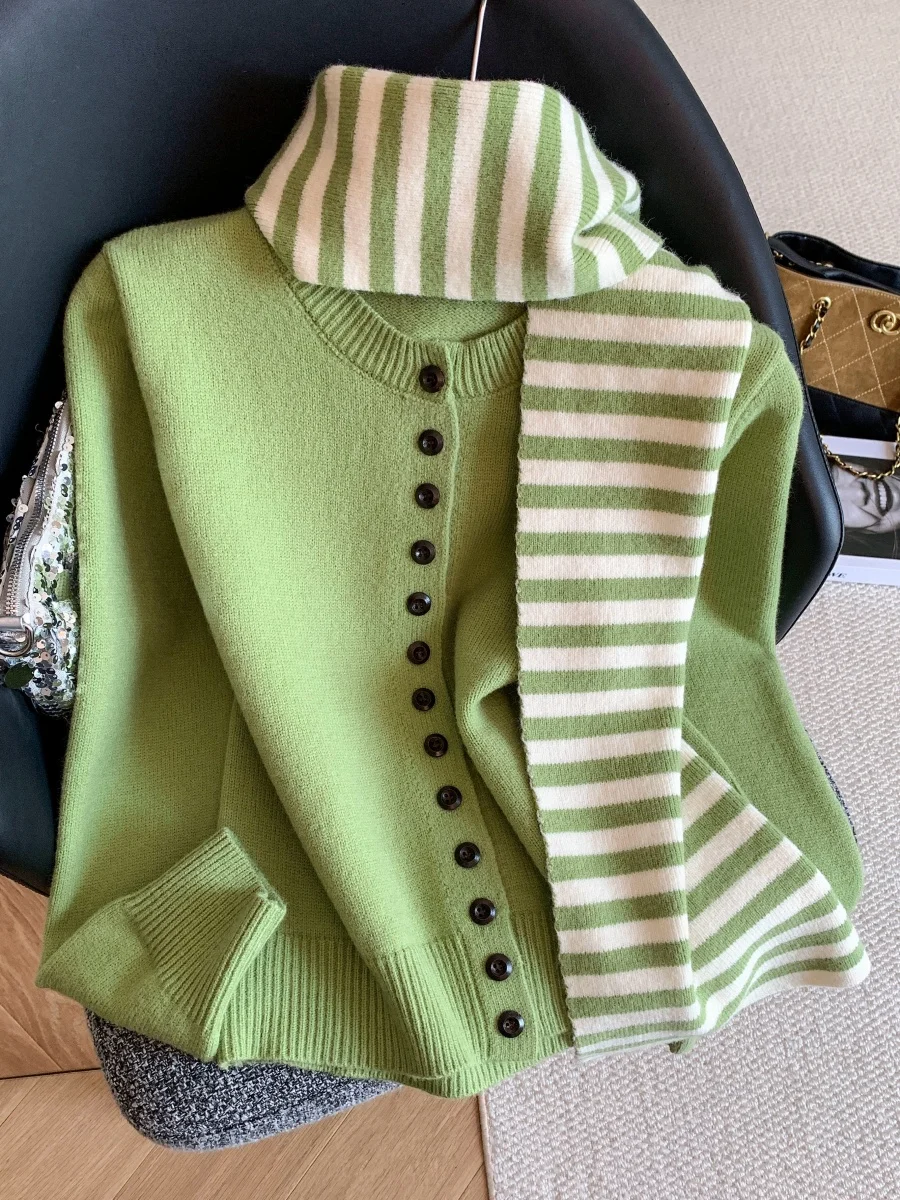 

Вязаный шарф в полоску, круглый топ на одной пуговице, цвет Blo Long Sve, мягкий корейский женский свитер, пальто