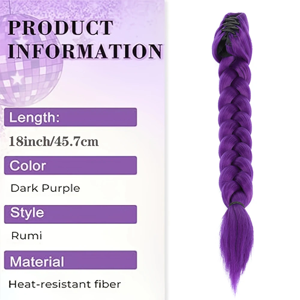 Purple Braided Hair Synthetic Ponytail Extensions Wig Claw Clip Hair Ponytail Crab Hair Clips for Kids Party Cosplay Use Wig