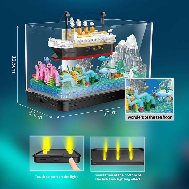 MOC 타이타닉 크루즈 라인 해적선 어항, 라이트 빌딩 블록 포함, 그레이트 웨이브, 가나가와 수족관 어항, 미니 버크 장난감