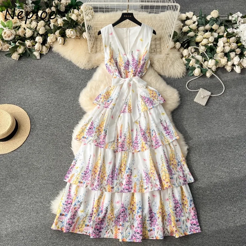 Neploe Elegant Gentle Print Dress for Women Y2k Lace Up Slim Waist Ruffles Cake Dresses Spring New Sleeveless Vestidos Mujer