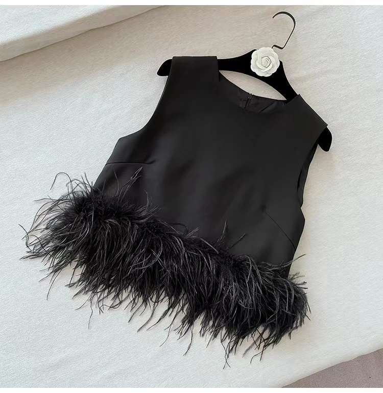 Slimming Trendy Vest Spring Summer New Style Small Fragrance Wind Design Furry Lower Hem Elegant Lady T-Shirt Women's Vest