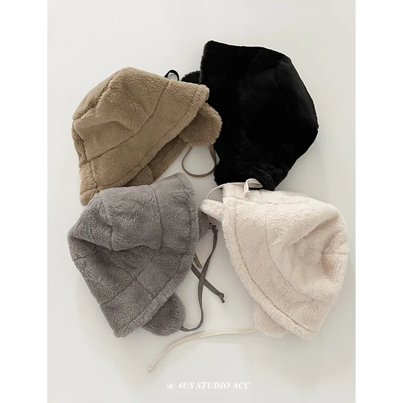 Korean Warm Plush Wide Brim Bucket Hat Women's Winter Earflaps Lace-up Bucket Hat Face-Looking Small Mink-like Fur Hat