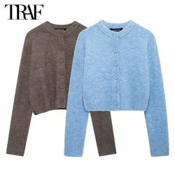 TRAF Blue Cropped Cardigan for Women Knitted Short Sweaters for Women Knitwears Knit Cardigan Woman Long Sleeve Women's Sweater