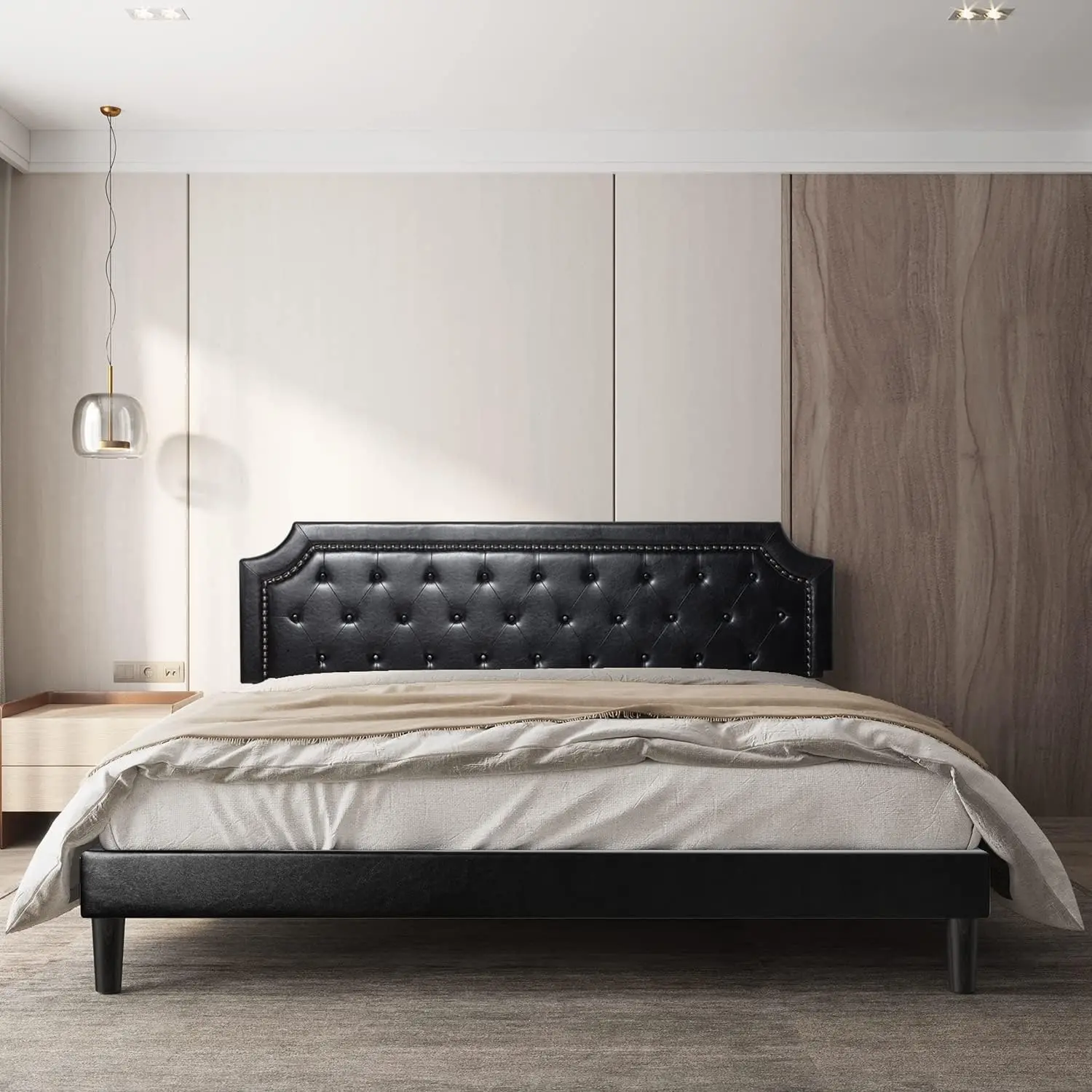 Bed Frame Upholstered Low Profile Platform Bed with Tufted Faux Leather Headboard/No Box Spring Needed/No Bed Skirt Needed (Blac