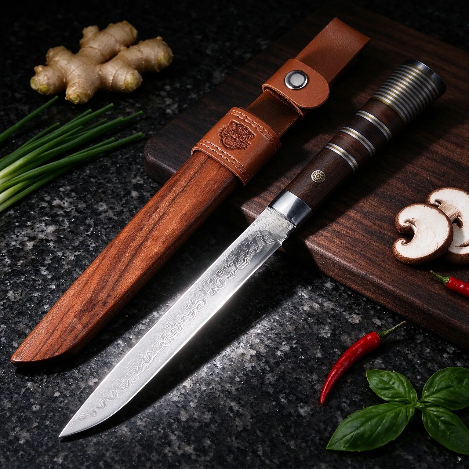 Damascus steel kitchen knife - Japanese-style sushi chef's knife with wooden handle, sharp cutting edge and leather knife sheath