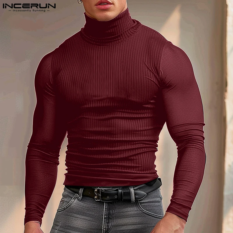 2024 INCERUN American Fashion Tops Men Casual High Collar Solid T-shirts Striped Lace Splicing Long Sleeve Tees Elegant Outfits