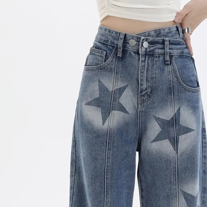 Jeans de perna larga cintura alta para mulheres, calças jeans femininas, calças largas, estampa estrela, azul vintage, moda americana Streetwear
