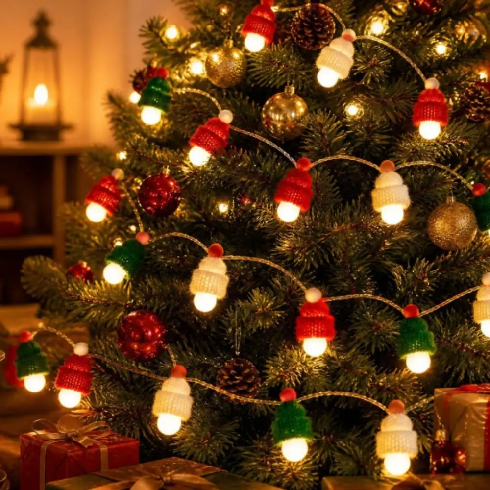 Festive Ambient LED Christmas Tree Ornament Lights Soft Glow Reflective Silver Mosaic Balls Knit Hat Shaped Lights Flexible Wire