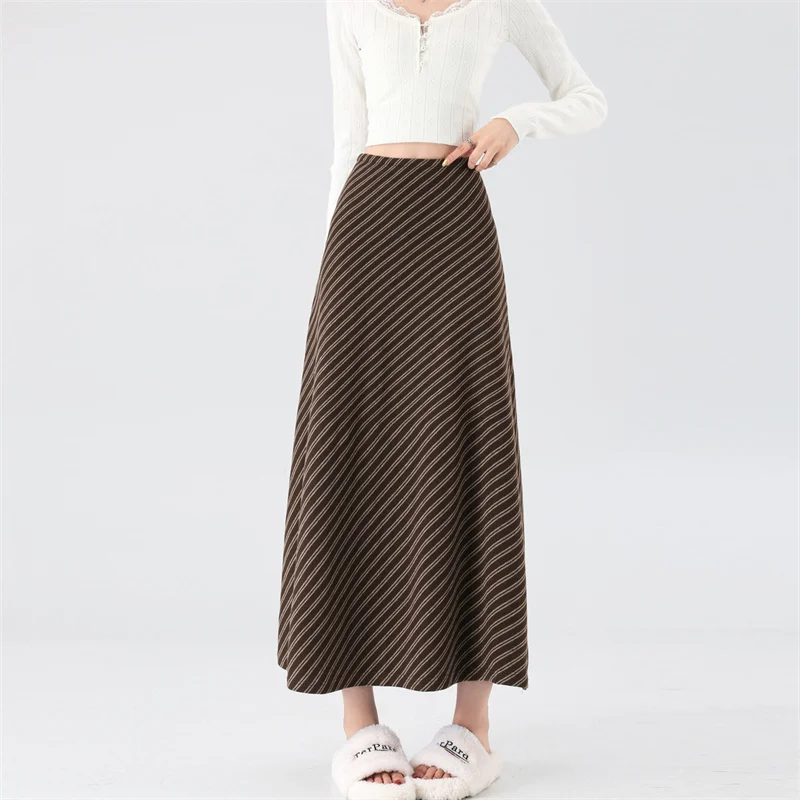 Korean Diagonal Twill Brushed Midi Skirt Women High Waist Flared A Line Long Skirt Autumn Winter Slim Casual Bottoms