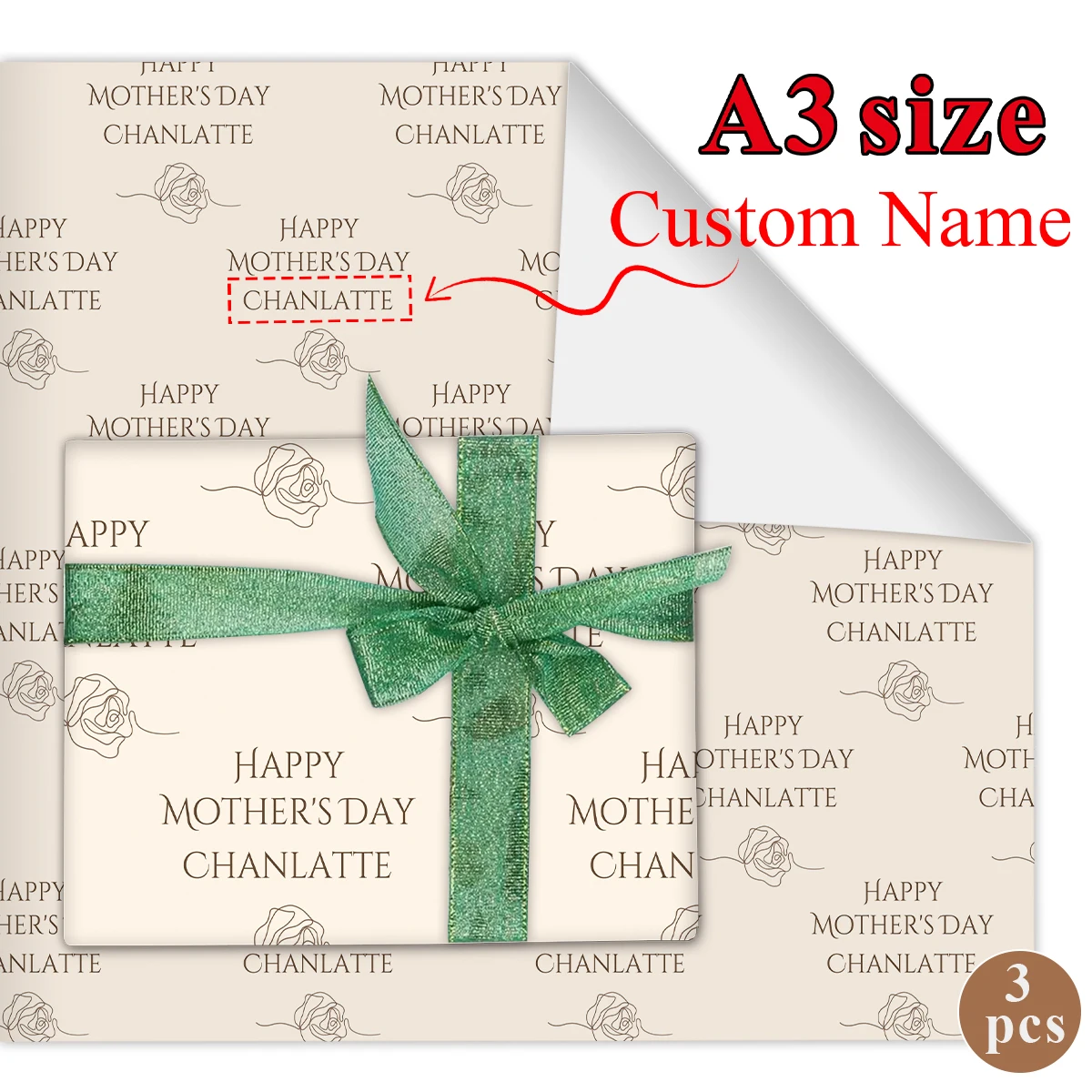 3 Stück personalisiertes Geschenkpapier mit Namen zum Muttertag, Herz-Rosen-Design, personalisierter Name, Geschenk zur Muttertagsfeier, Party-Hintergrundpapier