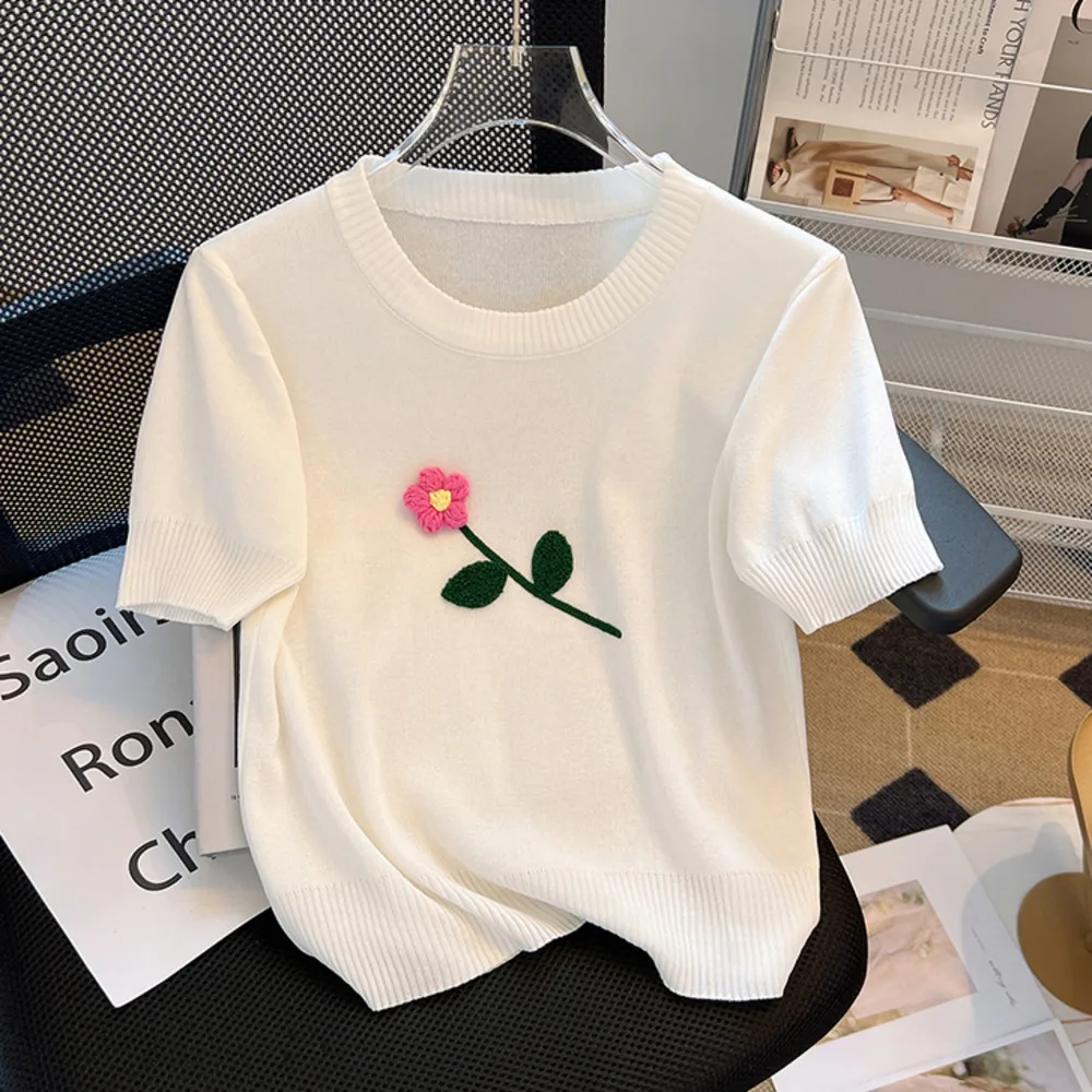 Summer Three-dimensional Flower Short Sleeve Pullover Sweater Women Knitted T-Shirt Korean Chic Sweet O-neck Knitwear Top Jumper