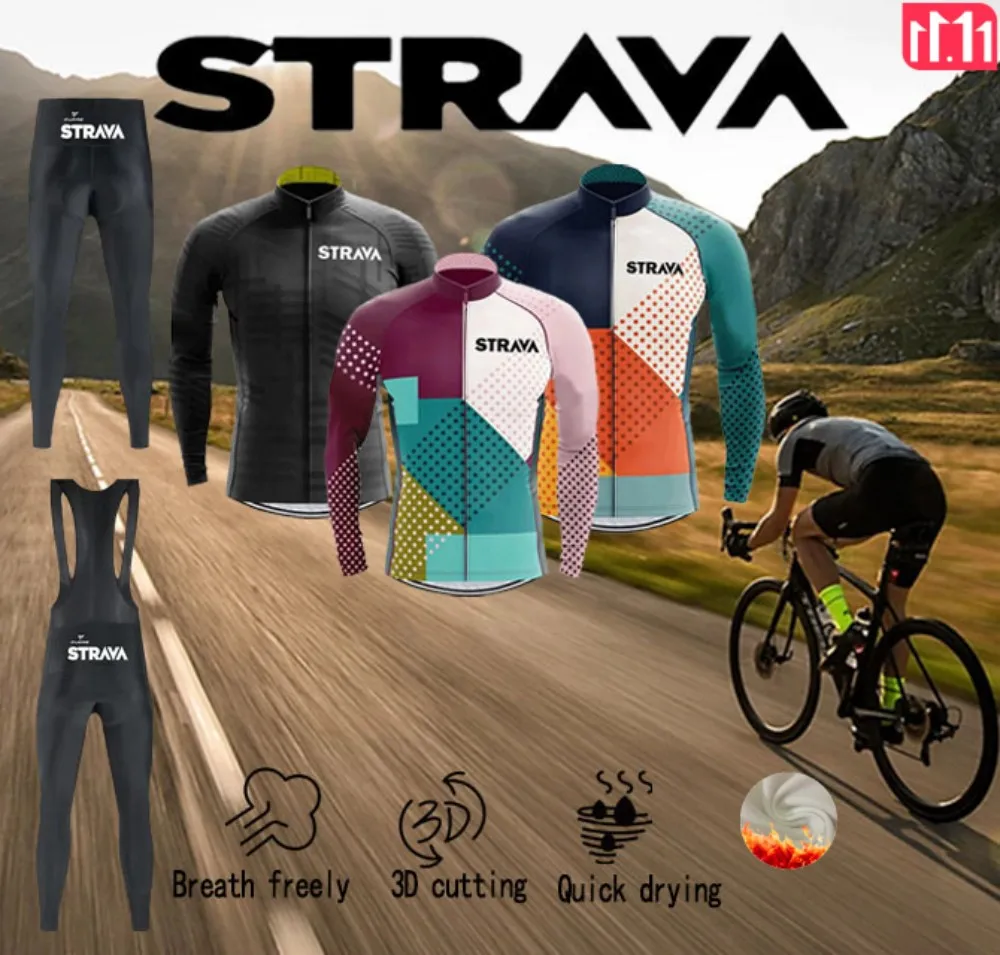 

STRAVA Cycling Road Mountain Bike Men's Jacket Winter Fleece Long Sleeve Cycling Sports Three-Piece Christmas Gift