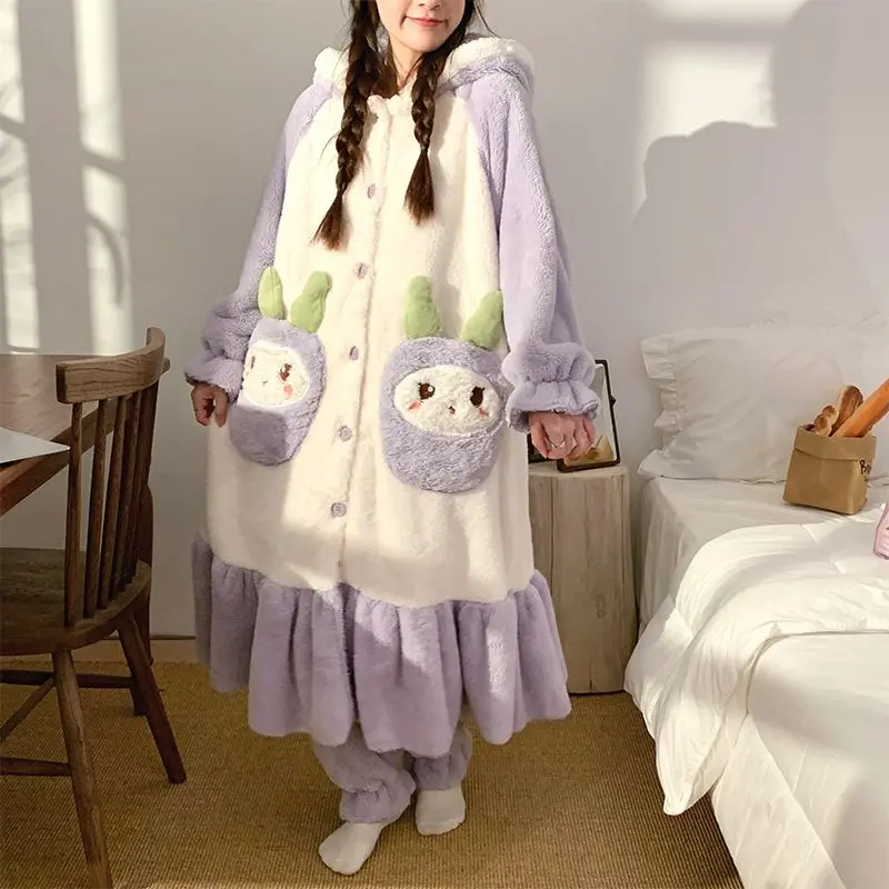 Coral Velvet Night-Robe Women Fleece-lined Thickened Autumn Winter Warm Cartoon Hooded Nightclothes Suit Female Flannel Homewear