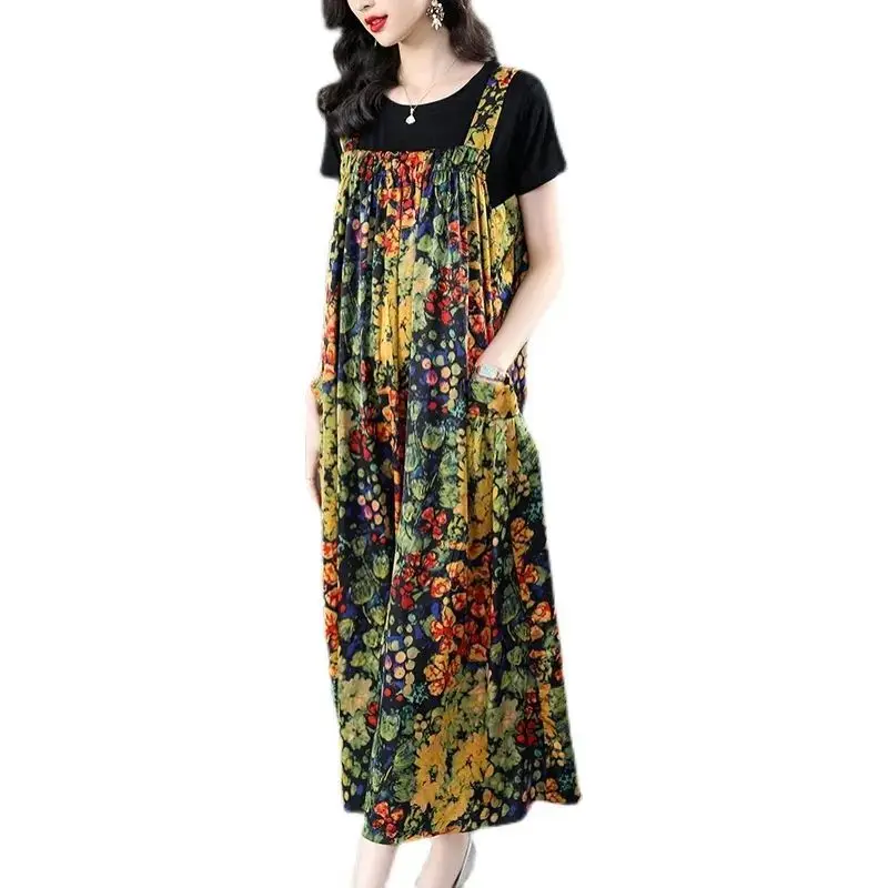 Summer Floral Plus Size Ladies Dresses Short Sleeve O-neck Loose Printing Strap Long Dress Suit Vintage Fashion Women Clothes