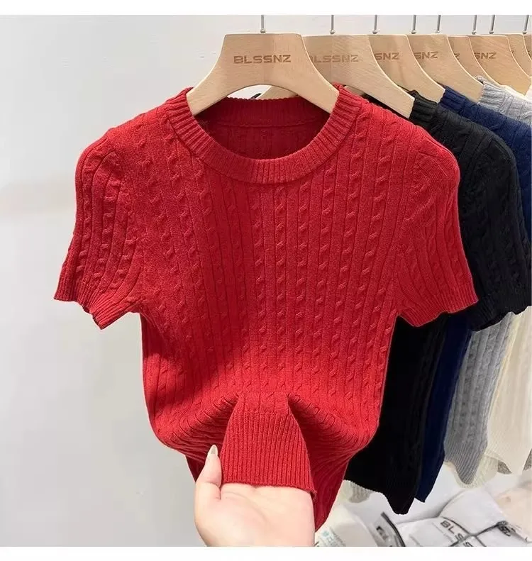 Zjaiss 2026 Summer Korean Retro Elegant Texture Short Sleeve O-Neck Twist Knit Top Women Soft Casual Versatile Thin T-shirt
