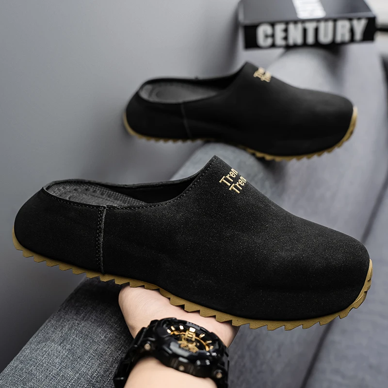 

Corduroy Male Slides Closed Toe Loafers Slipper Half Shoes For Men Mules Slip On Flats Backless Sandals Semi-Drag Casual Shoes