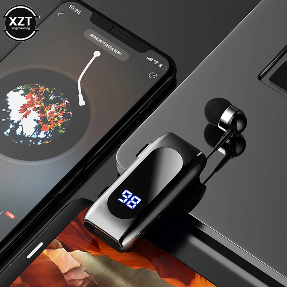 K55 Mini Wireless Bluetooth-Compatible Headset Lavalier Retractable Cable Smart In-ear Single Sport Earphone Led Digital Display