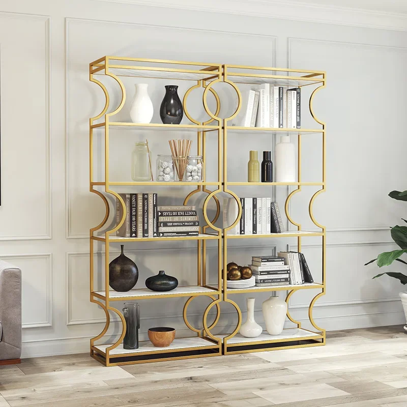 Nordic creative wrought iron, gold shelf, floor-to-ceiling multi-layer simplicity, marble bookshelf