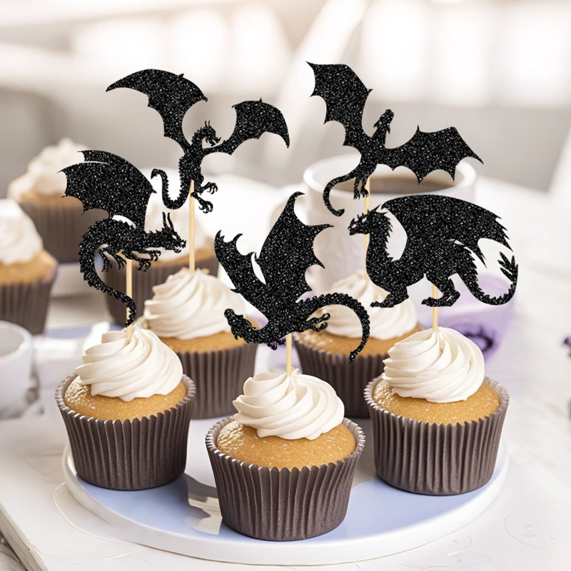 YOMDID 24 Stück Glitzer-Flugdrachen-Kuchenaufsätze, Drachen-Dinosaurier-Cupcake-Topper für Babyparty-Geburtstagstorten-Dekorationen – Detail 12