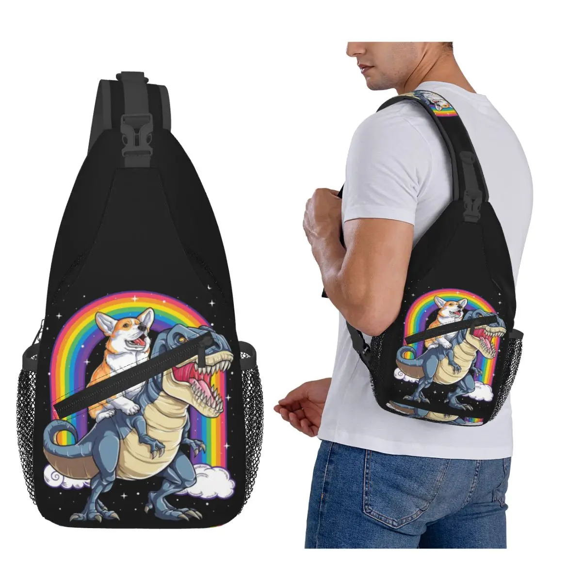 

Corgi Riding Dinosaur T Rex Shirt Funny Rainbow Dog Chest Bag Men Sling Crossbody Backpack Chest Bag Hiking Daypack Shoulder Bag