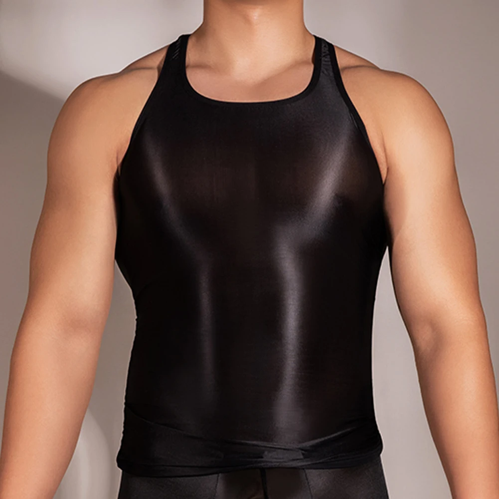 Men\'s Oil Glossy Sleeveless See Through Tank Top Vest Summer Sexy Gym Sport Bodybuilding Yoga Tops Tees Vests Clothing