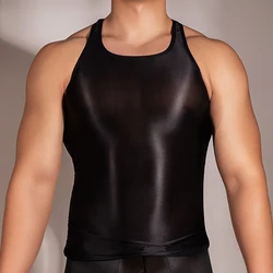 Men's Oil Glossy Sleeveless See Through Tank Top Vest Summer Sexy Gym Sport Bodybuilding Yoga Tops Tees Vests Clothing