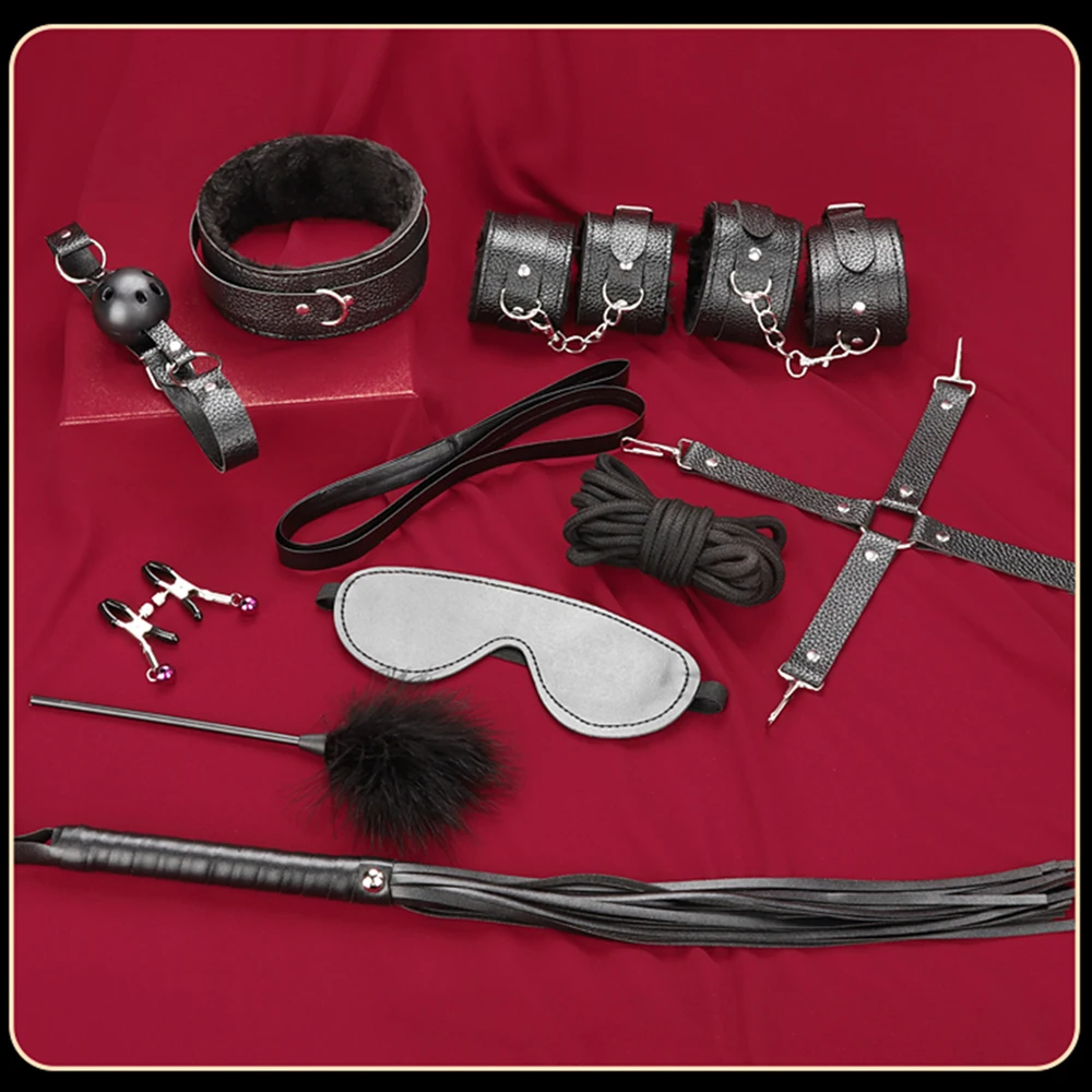Blindfold 10Pcs/Set Sexual Bondage Handcuff Whip Adult Couple Sex Toys Tools Set Erotic Sex Toys For Adult Leather BDSM Kits