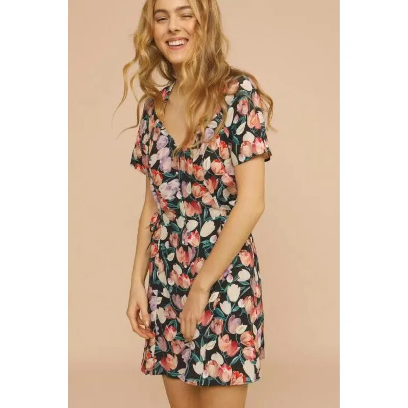 

Tulip Print Midi Dr Side Tie Waist Slim Fit Busin Casual Summer 202 Faion European Sle Women's Dr Home Wear