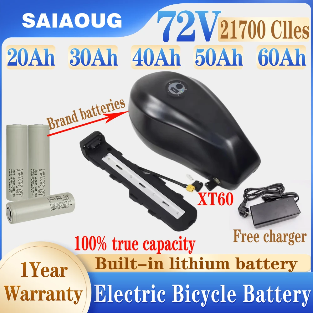 72v Fuel Tank Batterie 36v 48v E Bike Akku Accu Electric Bicycle 250W-3000w Bafang 20ah 30ah 50ah 60ah 21700 Lithium Battery