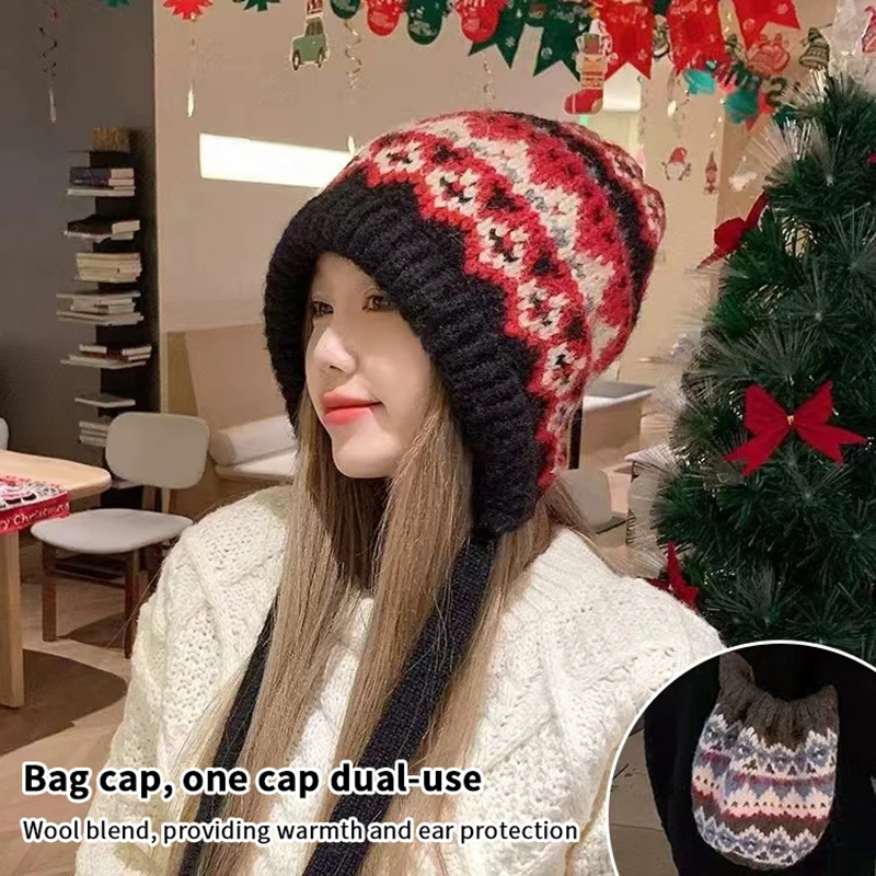 Striped Spliced Knitted Brimless Hat Ethnic Retro Style Woolen Hats Autumn Winter Thickened Warm Resistant Ear Protection Caps