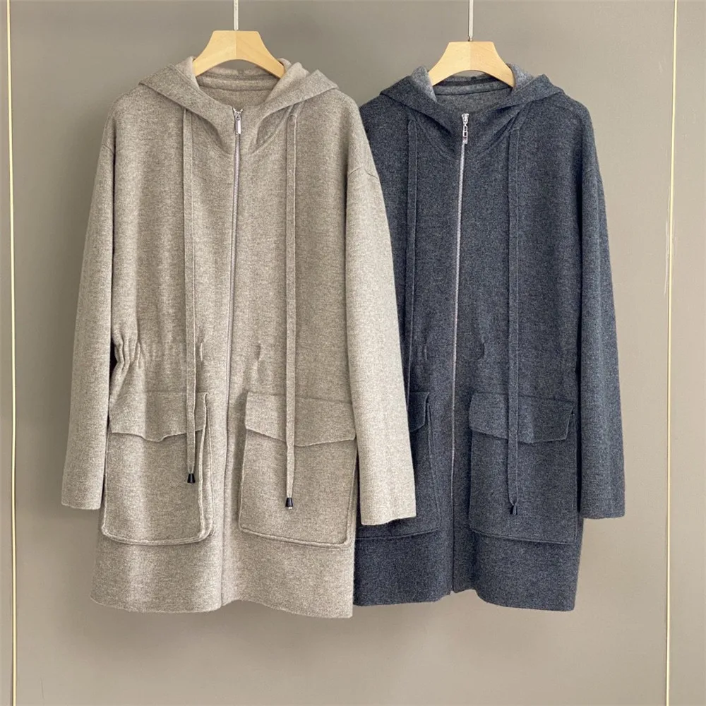 Women's Hooded Med- Long Coat Autumn and Winter Cashmere Drawstring Knitted Cardigan CoatS