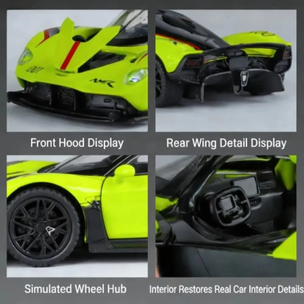 1:32 Aston Martin Valkyrie legering speelgoedauto, geluid en licht, terugtrekbare, goudvleugeldeuren