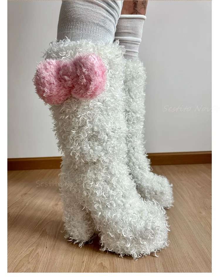 Lamb Wool Knee High Boots Platform Bow Decor Block High Heels Winter Warm Slip On Sweet Girl Casual Daily Long Booties Hot Girl