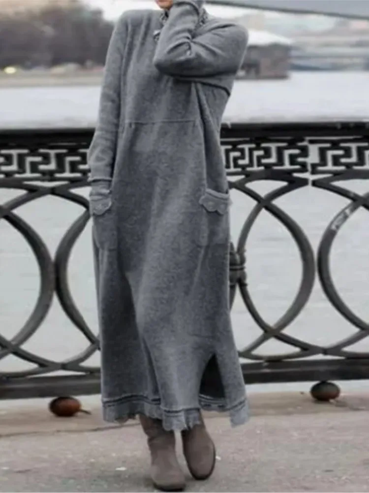 New Autumn Women\'s Solid Color Loose Large Knitted Lace Long Dress With Velvet Hoodie Pocket For Casual Comfort