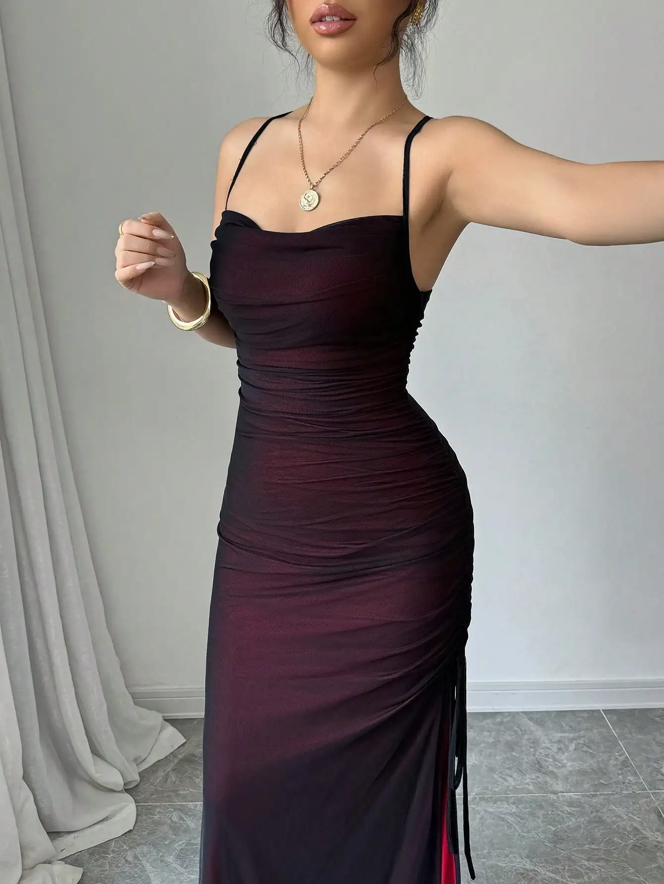Rafferiza Vintage Sexy Mesh Panel High Slit Drawstring Dress
