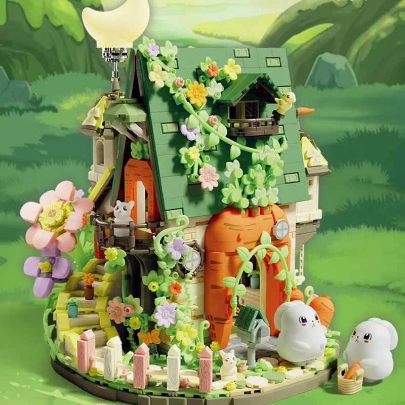 MOC Sprookje Cartoon Bloem Konijn Huis Bouwsteen Set Miniatuur Bos Boom Hut Speelgoed Decor Meisje Verjaardag Jubileumcadeau