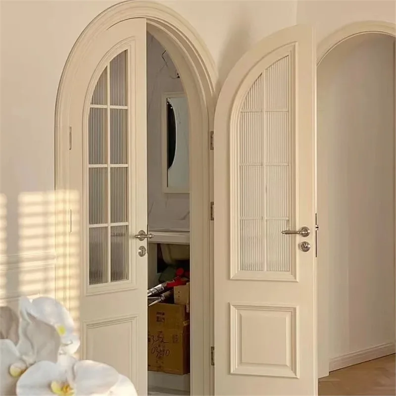 

Compound door bedroom glass baked cream solid wood wind single Changhong French arched double door arc paint room