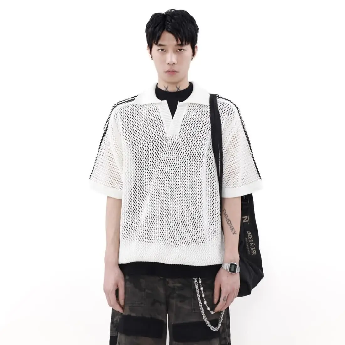 American Retro Hollow Mesh Short-sleeved Knitted POLO Shirt Men's Summer Breathable Sports and Casual Lapel Loose Top