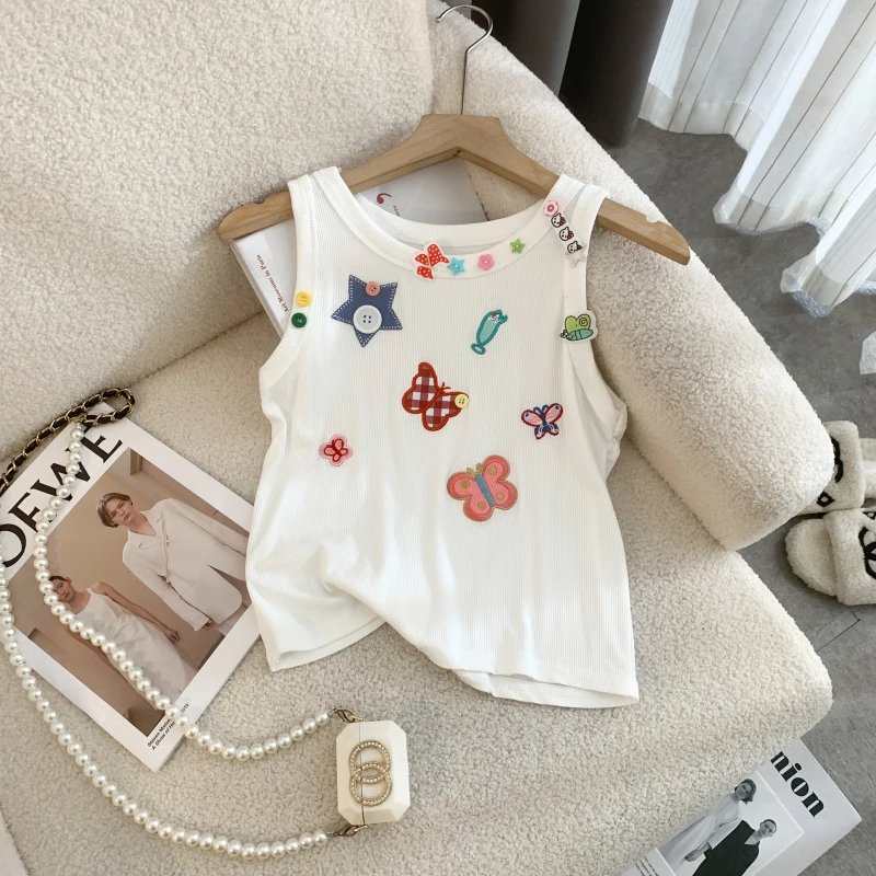 Elegante bordado camisola colete feminino fino malha colheita topos camisetas verão sem mangas streetwear moda chique senhoras malhas jumpers