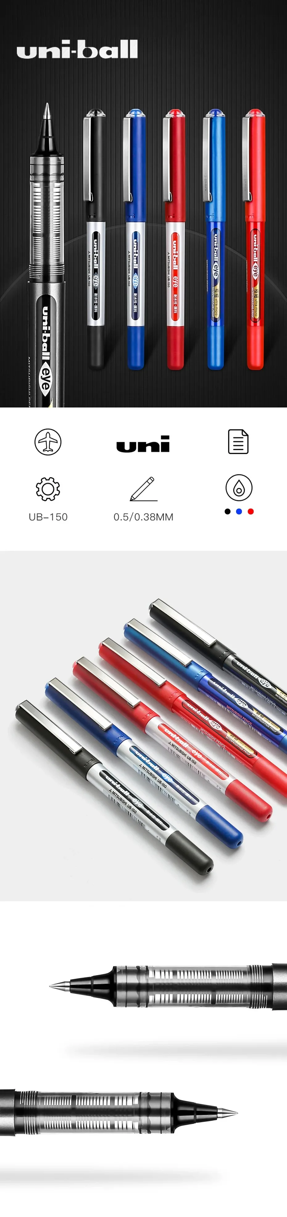 Japan Uni Gel Stifte Gerade Flüssigkeit Kugelschreiber 0,5/0,38mm UB-150 Große Kapazität Schwarz Rot Blau Schule Büro schreibwaren – Detail 1