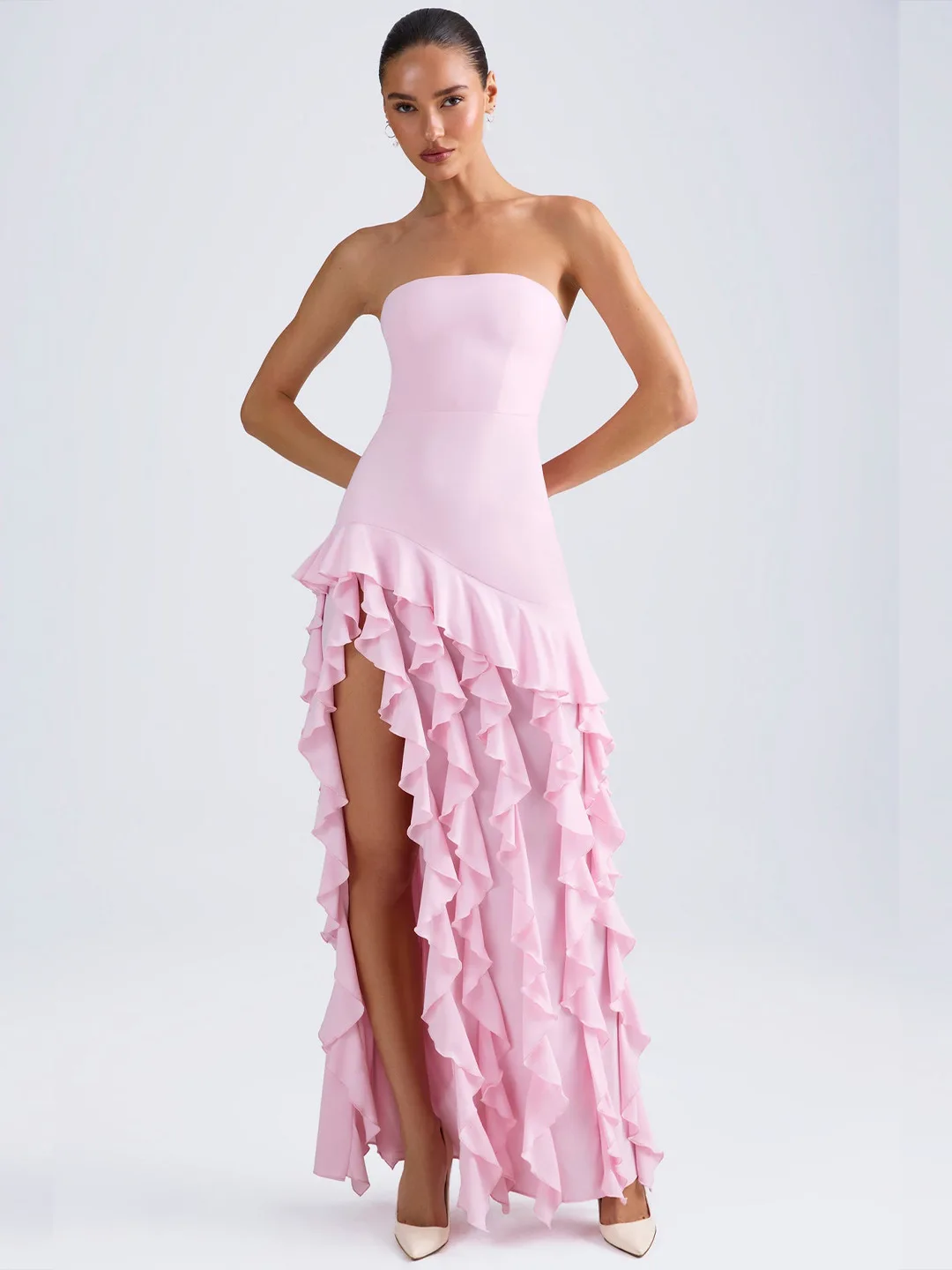 

2025 Women Celebrity Sexy Strapless Ruffles High Split Pink Chiffon Dress Elegant Evening Club Party Dress